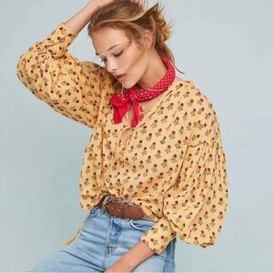K1. Kinga Csilla Anthropologie Block Print Floral Yellow Flowy Long Sleeve Top